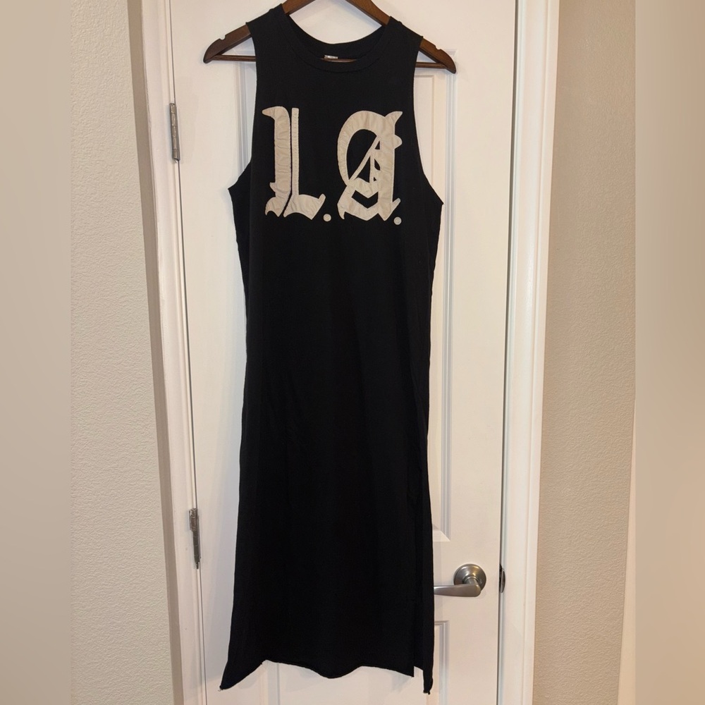 Black Stitched L. A. Graphic Sleeveless Tank Style Maxi T Shirt Dress